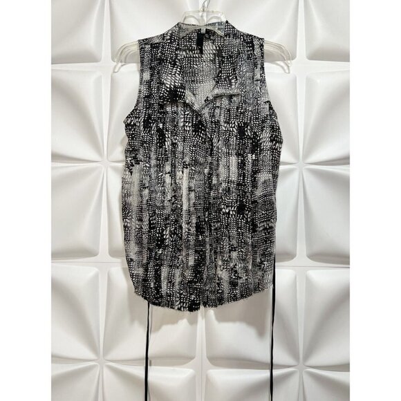 Edun Sz S 100% Silk Belted Monochrome Abstract Reptile Print Sleeveless Blouse - Picture 7 of 11
